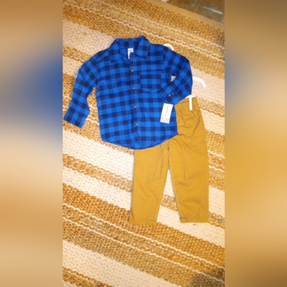 NWT Carter's Black & Blue Buffalo Print Flannel & Camel Pants set for boys 2T